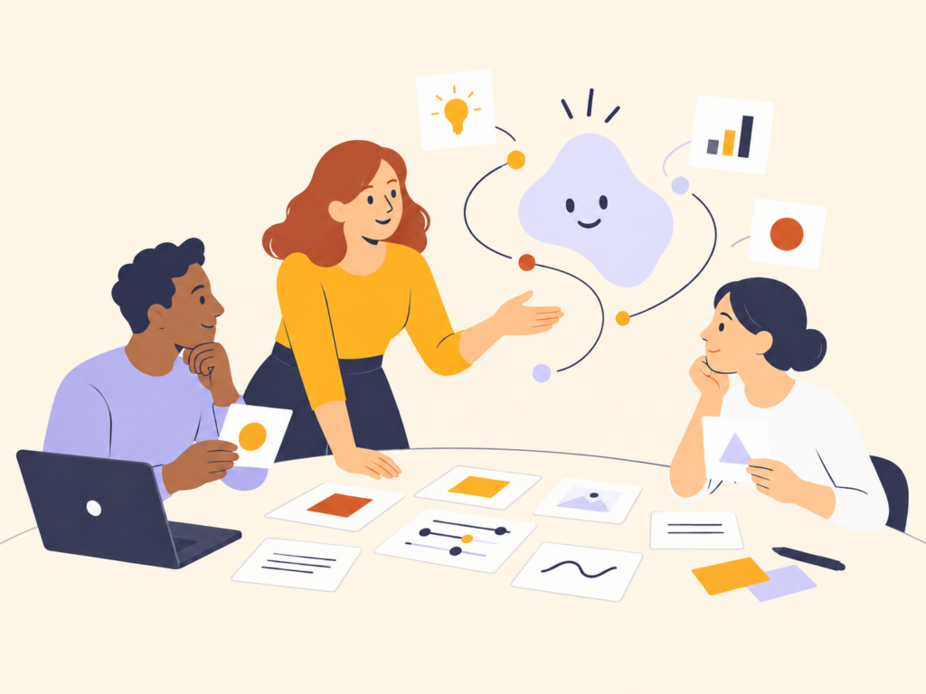 A copper-haired leader guiding colleagues through AI experimentation