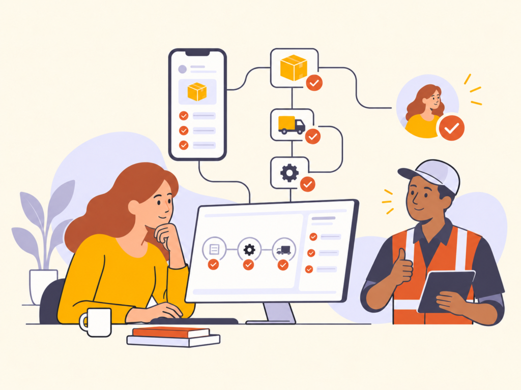 A copper-haired leader investigating connected operational workflows
